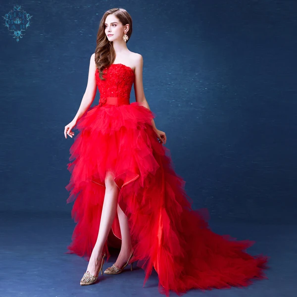 

Ameision Elegant Luxury Red Evening Dresses 2019 Short Front Long Back Tiered Tulle Strapless sweep train Floral Lace Prom Gowns