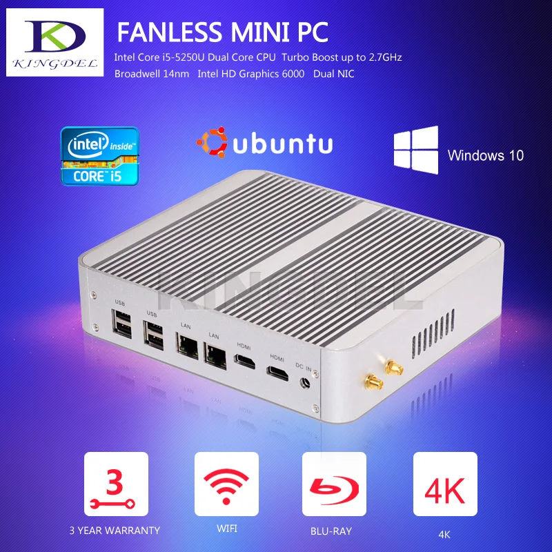 Kingdel Business Mini PC,Fanless Desktop Computer,Intel Core i3 4158U, Intel Iris Graphics5100,Dual LAN+Dual HDMI,4*USB3.0,Wifi