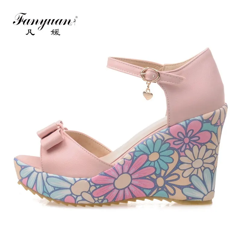 

Fanyuan summer high Heels Wedge Sandals women sweet Butterfly-knot Print heel Ankle strap shoes girls Party Platform sandals
