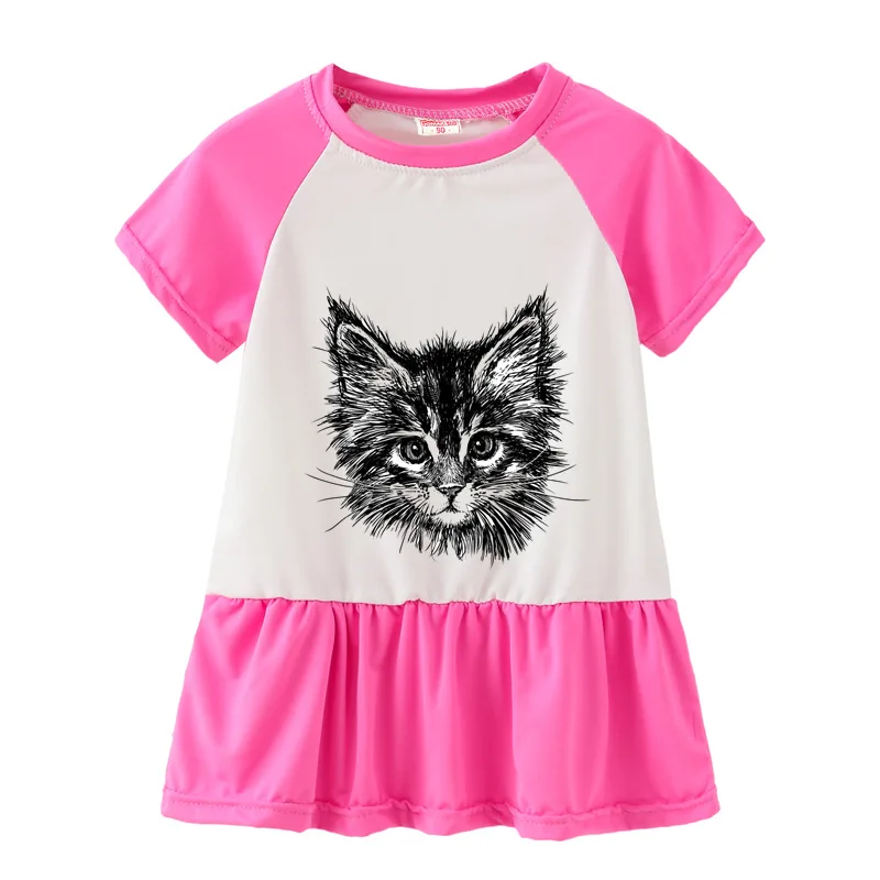 Summer Casual Cat Cartoon Printed Baby Princess Girls Short-Sleeved Dress Rose Red Patchwork Girls Clothes For 2-7 Years Old