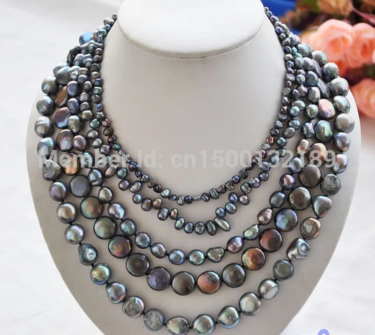 

j00509 5row BLACK BAROQUE COIN FRESHWATER pearl necklace (C0309)