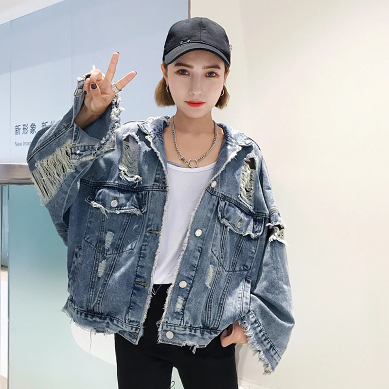 

2023 Spring And Autumn Women's Denim Jacket Hole Wild Bat Sleeve Tops Casual Tide Street Style Solid Color Denim Jacket LQ519