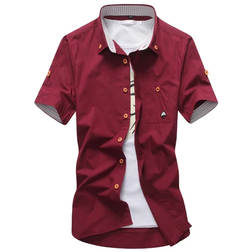Летняя мужская Базовая трендовая рубашка, модная вышитая Мужская рубашка большого размера с коротким рукавом, Высококачественная Мужская одежда - Цвет: Wine red