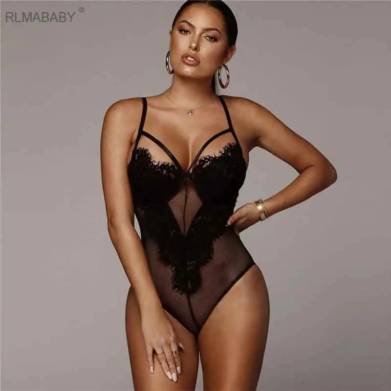 Black Rlmaaby Белый Прозрачный Спагетти ремень Сексуальное Кружевное боди для женщин с v-образным вырезом спинки комбинезон черный без рукавов боди - Цвет: Black