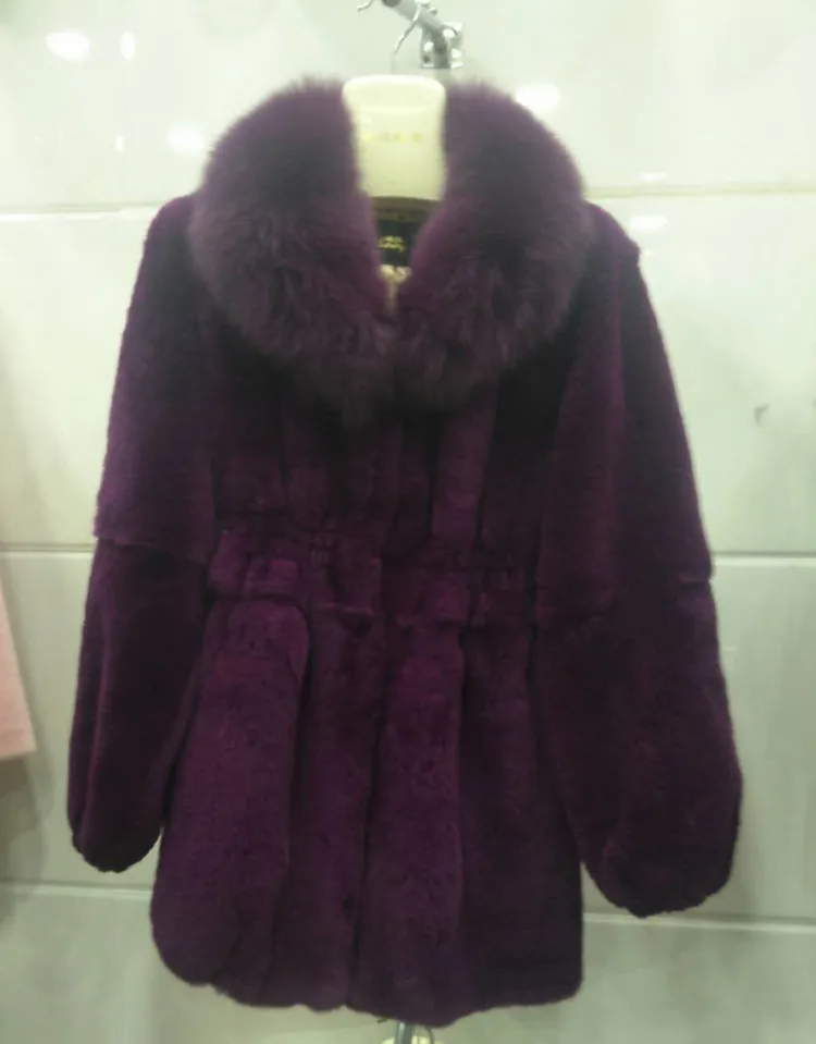 purple Шуба из кролика рекс женский Haining Воротник из лисьего меха длинный рукав в длинном разрезе большого размера мать загружена - Цвет: purple