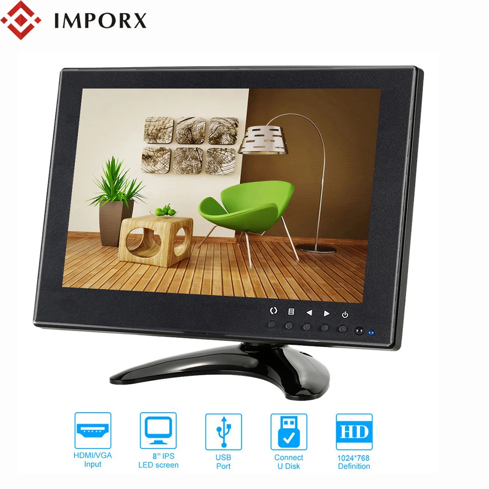 

IMPORX LCD Monitor With AV Input 8 Inch 1024x600 VGA HDMI AV BNC USB for PC CCTV Security Camera HDMI PS4 Computer Monitor PC