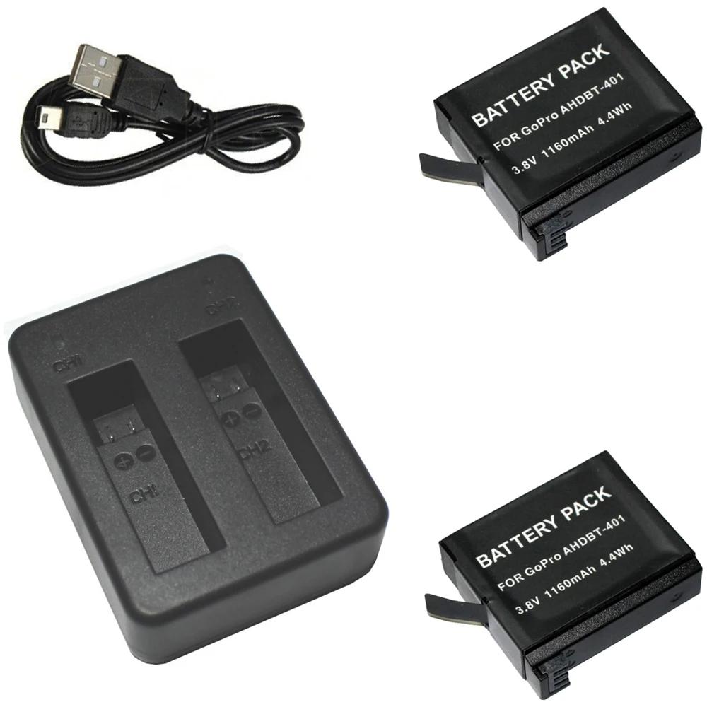 Новый 2x1160 мАч ahdbt-401 для GoPro Hero 4 Батареи Go Pro HERO4 Bateria AHDBT 401 + Dual USB зарядное устройство экшн-камеры Батарея