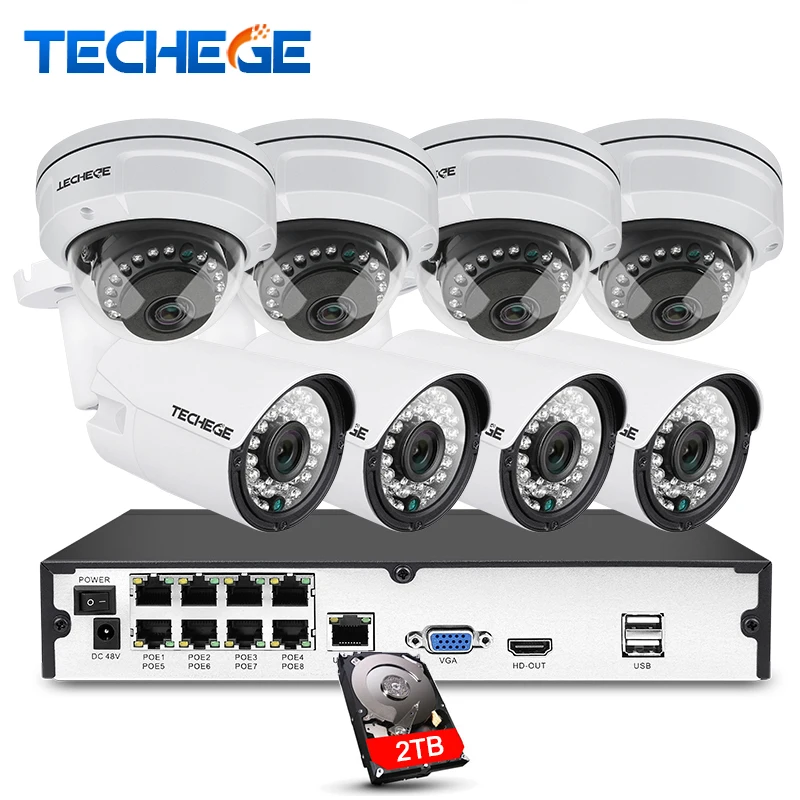 Techege 8CH Полный 1080 P POE NVR kit 48 V 2.0MP 3000tvl камера ночного видения Водонепроницаемый ip c
