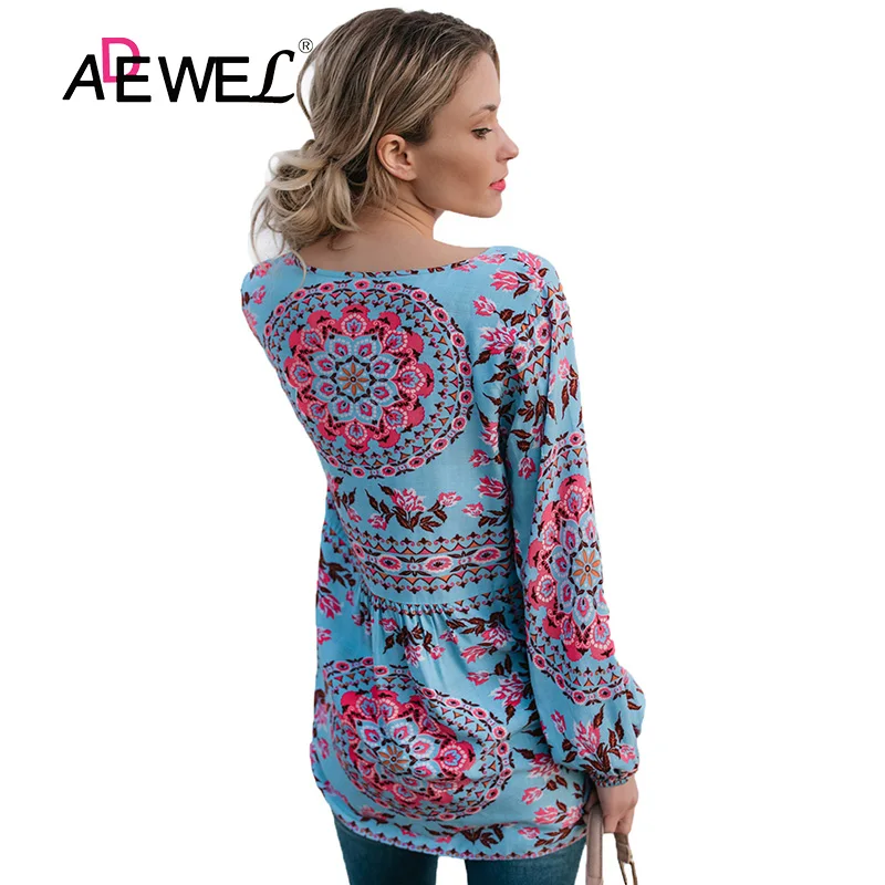 ADEWEL Casual Autumn Women Bohemian Print Blouse Sexy Three Quarter Sleeve V-neck Tops Blusas Plus size Female Blouses S-XXL