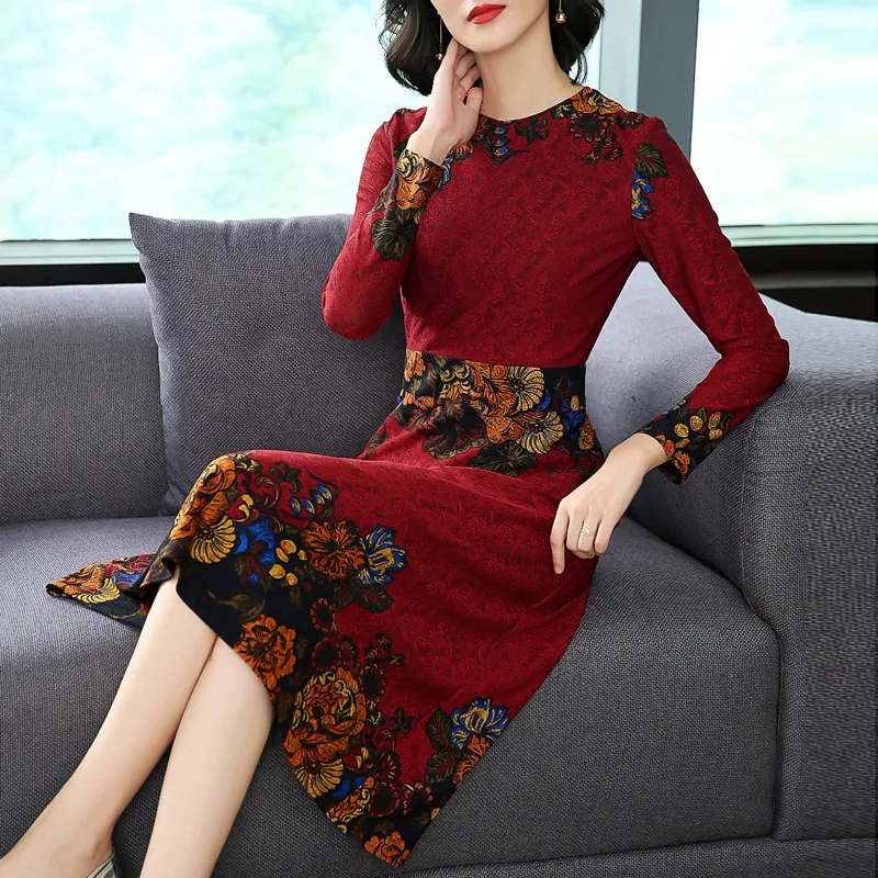 

Slim Fit Autumn Elegant Ladies Dress Jacquard Printed Floral Vintage Dresses Long Sleeve O-Neck A-Line Midi Vestidos 2018