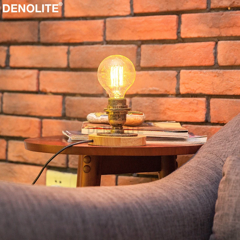 DENOLITE Америка Ретро стиль ручной работы поли-смола круглый деревянная настольная лампа с G80 Edison ЛАМПЫ личность маленькая прикроватная лампы
