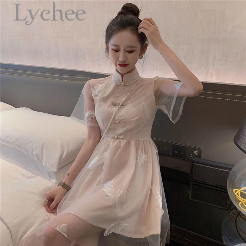 Lychee, винтажное однотонное женское платье, короткий рукав, лето, весна, выше колена, высокая талия, вышивка, пуговицы, женское платье чонсам