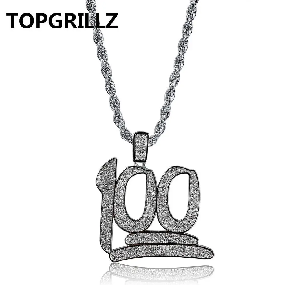 TOPGRILLZ, хип-хоп, 100, ожерелье с кубическим цирконием и подвеской, Золотой/Серебряный цвет, ожерелье для мужчин, длина 24 дюйма - Окраска металла: Silver