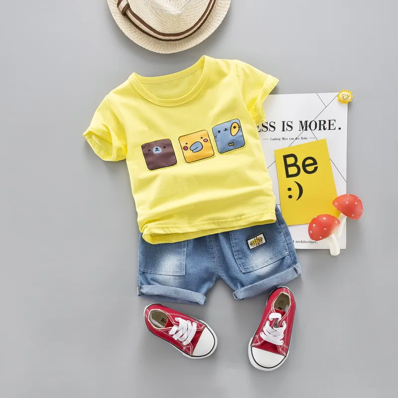 Cotton Baby Boy Cartoon Summer Clothes Sets Toddler Short Sleeve T-Shirt Denim Jeans Children Clothing Suits Costume For Kids