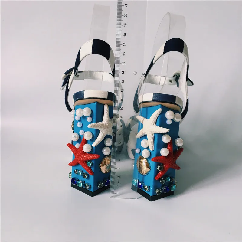 Black platform blau Shell rot Sommer Gladiator Schuhe Blue Ankle Gestreiften Red High Schwarzes Klobigen Tuch Chaussures Frau Femme platform Frauen Starfish Mode platform Sandalen Heels Strap qFgg8S