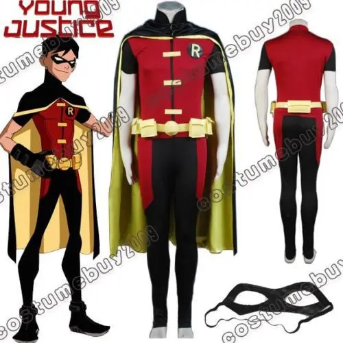 Взрослый Young Justice костюм Робина Униформа черный плащ-комбинезон для мужчин Хэллоуин косплей костюм наряд