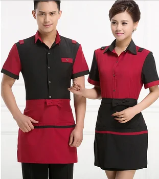 

Hotel Waiter Uniform Short-sleeved Summer Wear Maid Overalls Fast-food Restaurant Waiter Shirts with Apron