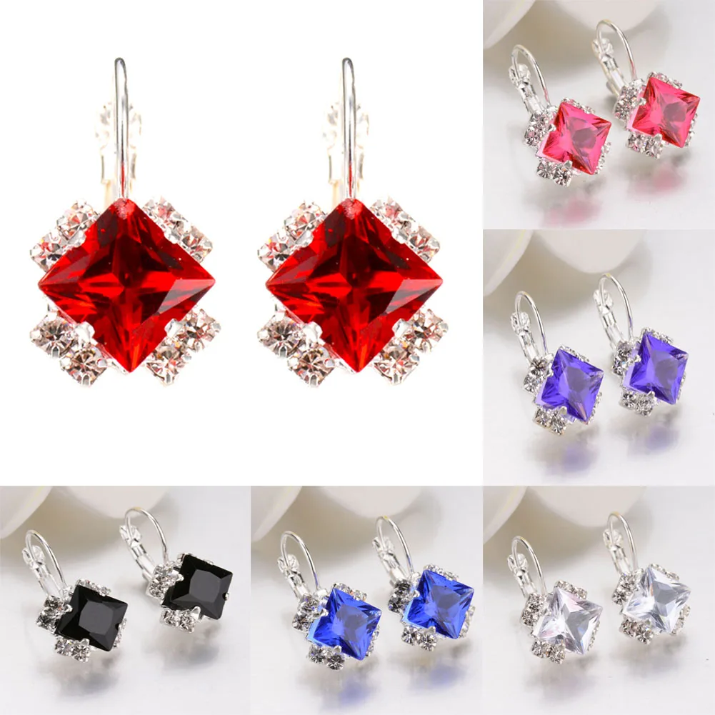 

New Design Personality Luxury Earrings Square Crystal CZ Wedding Jewelry Stud Earrings For Women Ear Clips