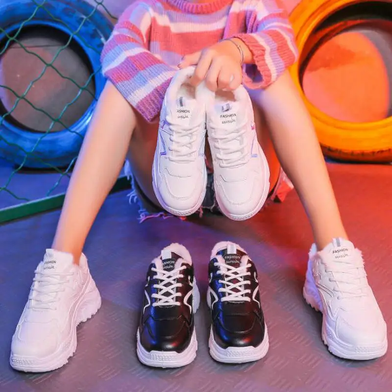 Tleni 2018 Women Sneakers New PU Women running Shoes Winter Lace-Up Flats Platform Warm Plush Women Shoes ZF-37