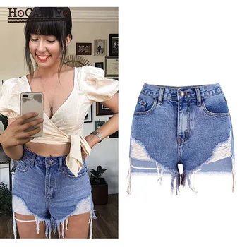 

Fashion Women's High Waist Shorts Slim Washed Ripped Denim Jeans Shorts Women Casual Tassels High Quality Cotton Denim Shorts