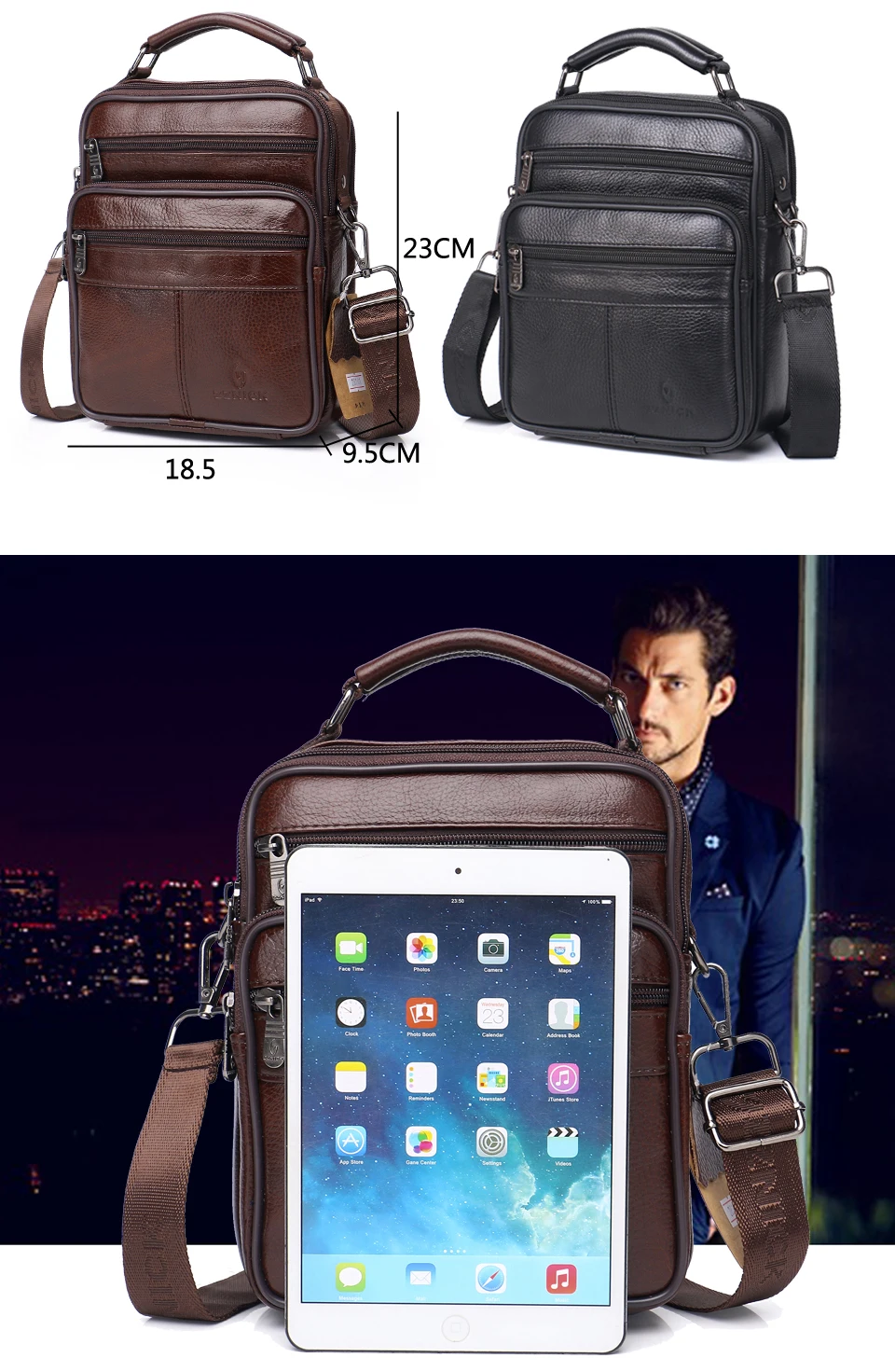 men genuine leather shoulder bag handbag Zipper Men Bags leather Fashion handbag Genuine Leather ZZNICK