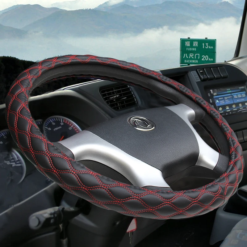 KKYSYELVA Leather Steering Wheel Covers for Car Bus Truck 36 38 40 42 45 47 50cm Diameter Auto Steering-wheel cover