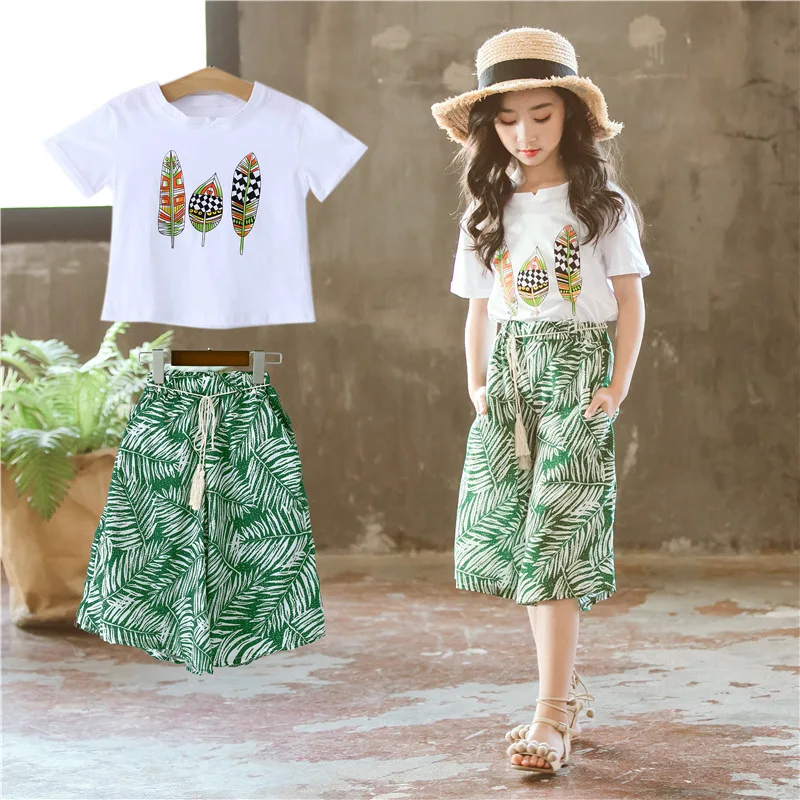 

Teen Girls Clothing Set Kids Tracksuit Girls Summer T shirt Chiffon Print Pants Suit for Children Clothes 12 Year Girls Costume
