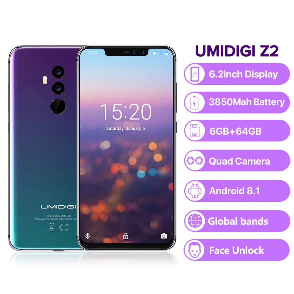 

UMIDIGI Z2 4G Smartphone 6.2'' MTK6763 Octa Core 2.0GHz 6GB RAM 64GB ROM Full Screen Face ID Global Version Mobile Cellphone