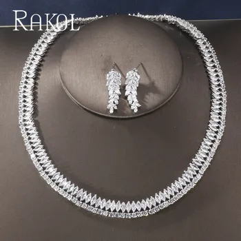 

RAKOL 2019 Newest Fashion High quality Cubic Zirconia Leaf white Color Earrings Necklace Jewelry Set for Women Wedding Dress