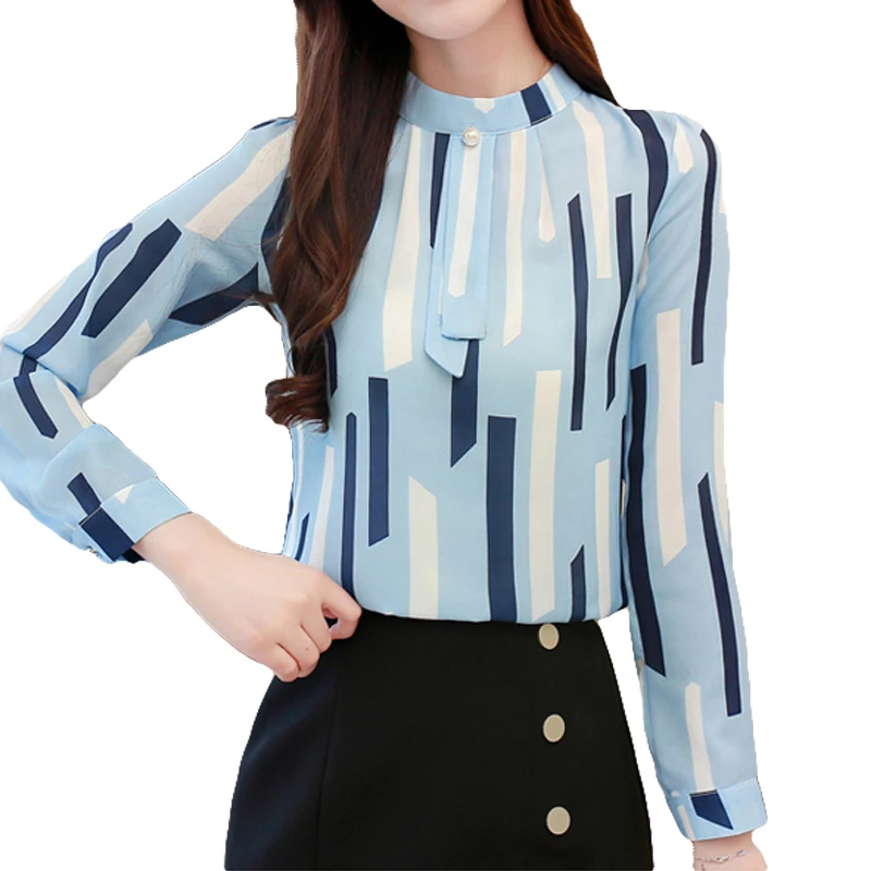 

New Arrived 2019 Spring Blouse Printed Clothing Female Long Sleeve Chiffon Shirt Women Fashion Simple Style Tops Blue Pink