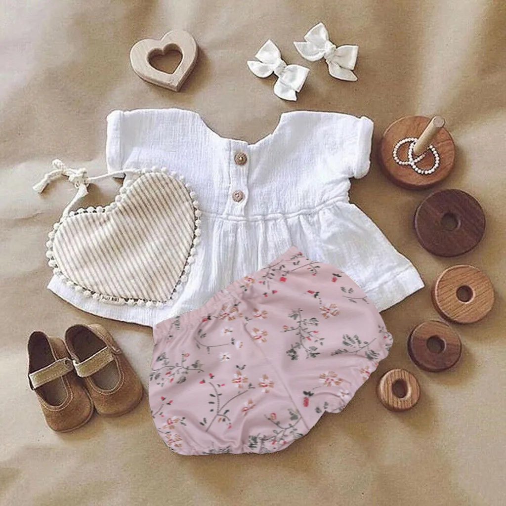

Infant Baby Girl Summer Clothes Set Toddler Comfortable Tops Floral Print Shorts Linen Clothes Outfits For Newborn Carters Baby