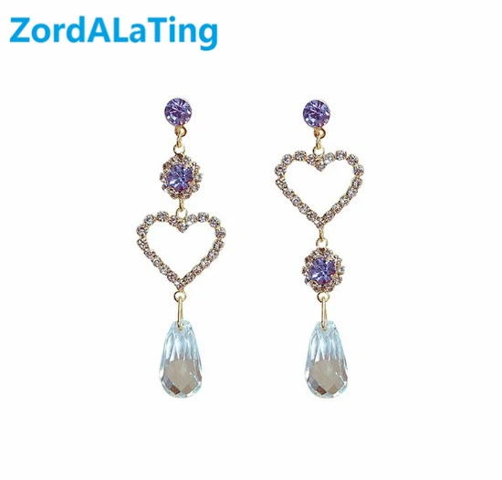 

S925 silver needle exaggerated 2019 new rhinestone purple heart asymmetric long earrings for women Korean temperament pendant