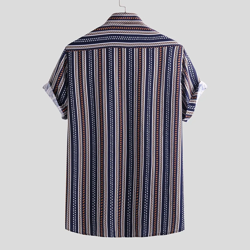 Мужская рубашка Красочные полосы летние ретро этнические отложной воротник короткий рукав Свободные пуговицы Повседневная рубашка блузка мужская одежда