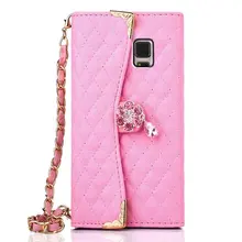 Luxury PU Leather Wallet Purse Handbag Flip Cover Case For Samsung Galaxy Note 4 Phone Case With Carry Strap Chain + Screen Film