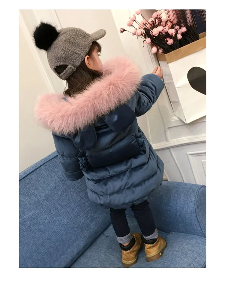 Г. Зимняя куртка для девочек, пальто Детская одежда Детские Бархатные Топы, парка длинный зимний комбинезон, хлопковая плотная одежда розовый меховой воротник с капюшоном