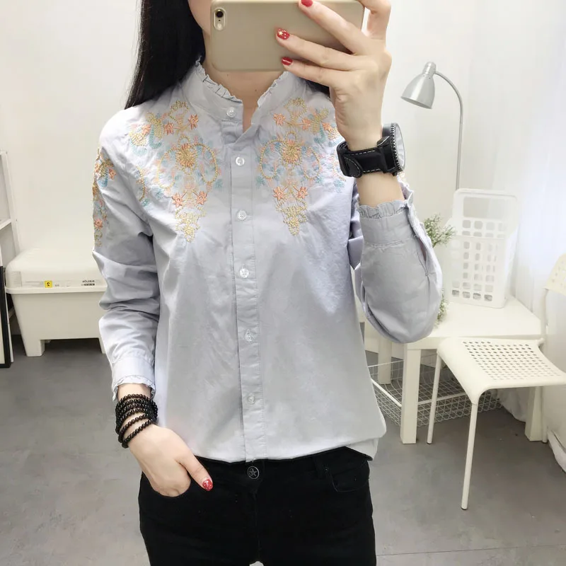  2019 summer new embroidery flower women blouse and shirts 100% cotton slim office lady causal white