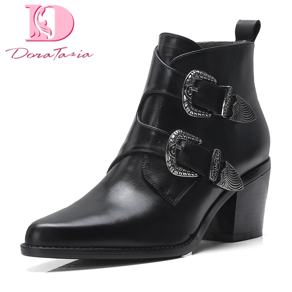 

DoraTasia Brand new Cow Leather Large Size 33-42 Genuine Leather Ankle Boots Woman Shoes Zip Up Chunky Heels Shoes Woman Boots