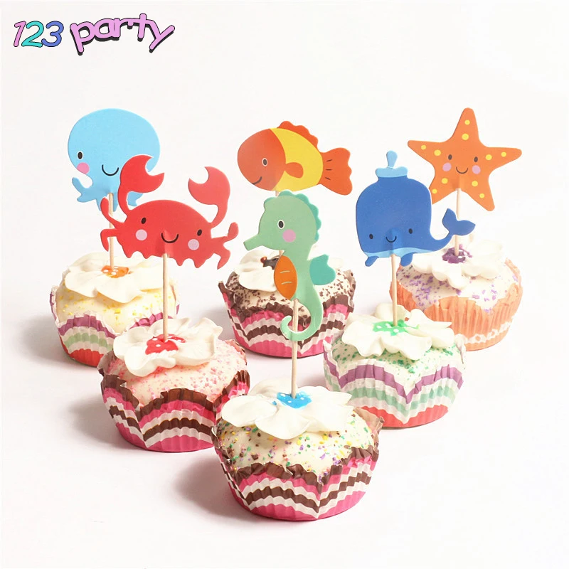 

24pcs Ocean Cartoon Cute Animal Theme Children's Birthday Party Baby Shower Festival Cupcake Topper Baking Decoration Supplies