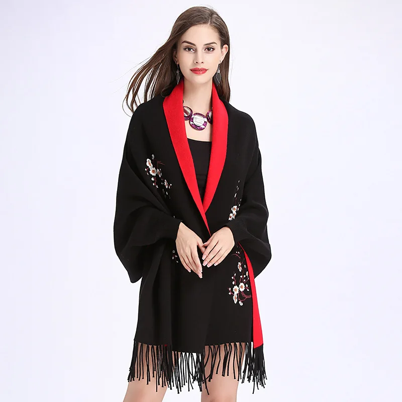 Осенний женский кардиган, Модный женский розовый вязаный свитер с кисточками, вышитый кисточкой, свадебное пончо с рукавами «летучая мышь», кардиган, пальто - Цвет: black red