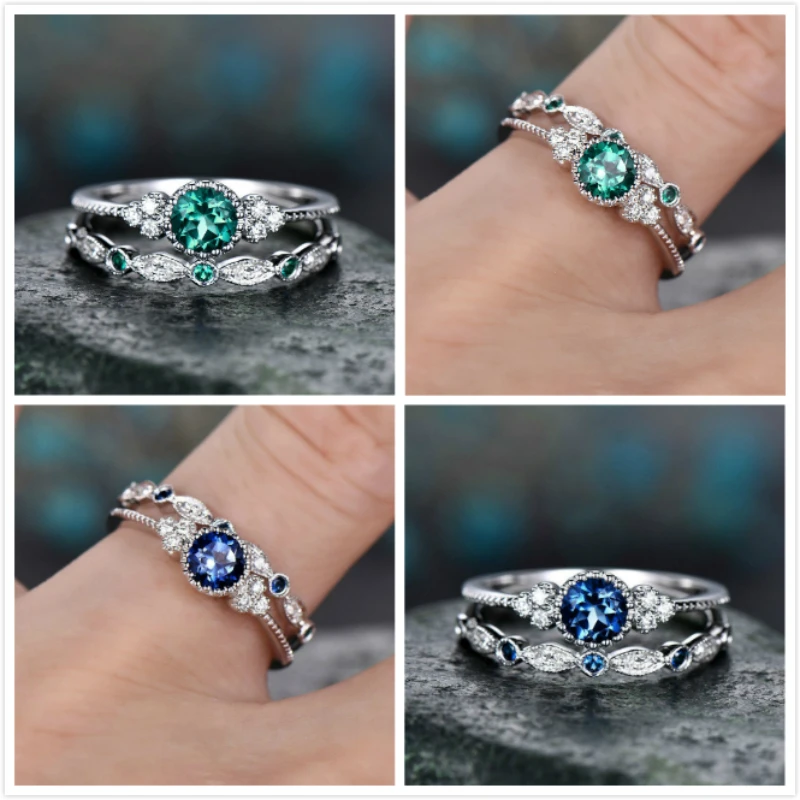 

2Pcs/Set Women Sliver Rings Luxury Green Blue Stone Crystal Zircon Wedding Engagement Ring Jewelry Size 6 7 8 9 10