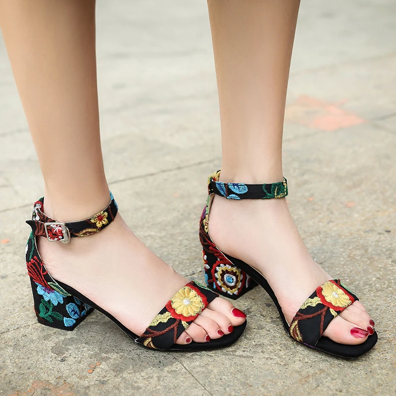 

US4-11 Womens Floral Embroidered Crystal Dimante Court Chunky High Heel Pumps Suede Leather Shoes Sandals Slingback Mules A645