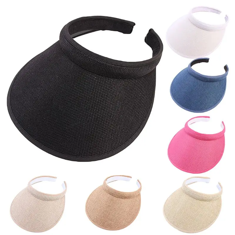 

Women Men Unisex Clip-On UV Protection Sun Visor Hat Faux Linen Plaid Weave Empty Open Top Solid Color Wide Brim Adjustable