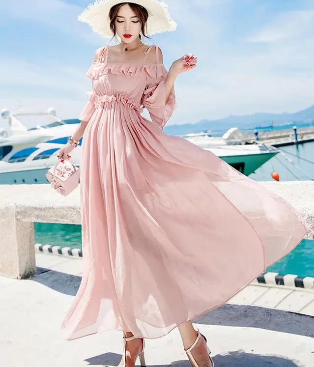 

Free Shipping 2018 Summer Hot Sale Bohemian Style Off Shoulder Ruffles Woman Chiffon Long Dress Pink