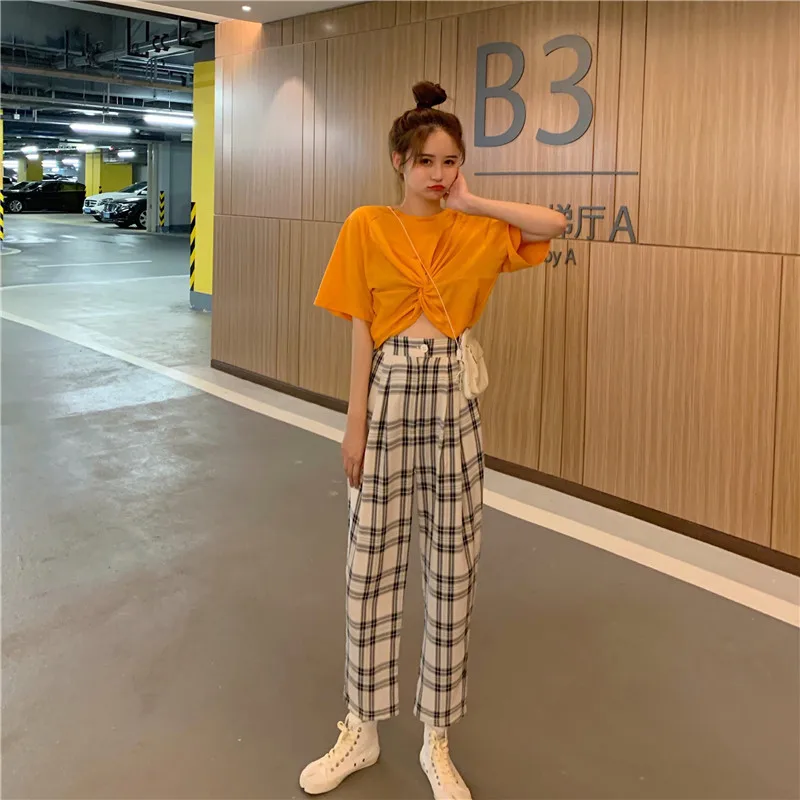 

Women 2019 Summer Fashion Two Piece outfits Short Sleeve T-shirt&High Waist Plaid Pants Sets 2Pcs Crop Tops Casual Pants Suits
