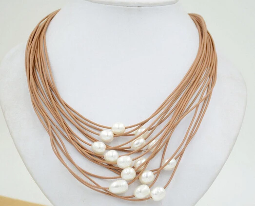 

ddh003219 15strands 12mm white rice freshwater pearl coffee leather necklace