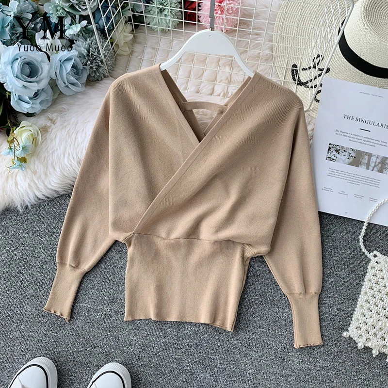 

YuooMuoo 2019 New Sexy V-neck Sweater Women's Batwing Long Sleeve Pullover Casual Elegant Sweaters Female Soft Bottoming Shirt