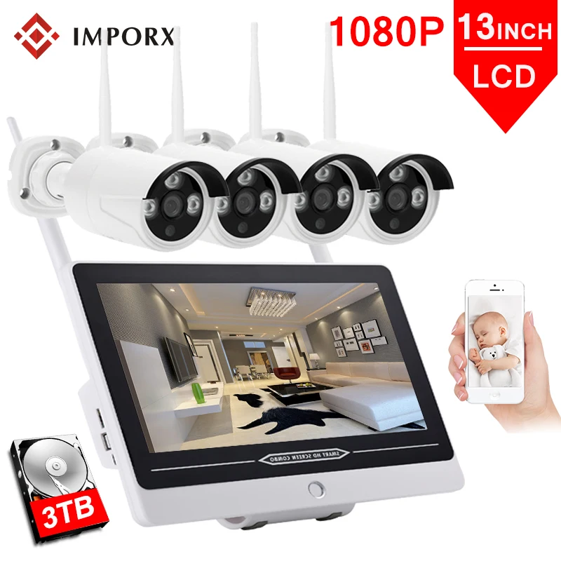 4CH Беспроводной NVR комплект 13 &quotЖК монитор экран Водонепроницаемый 1080P 2MP