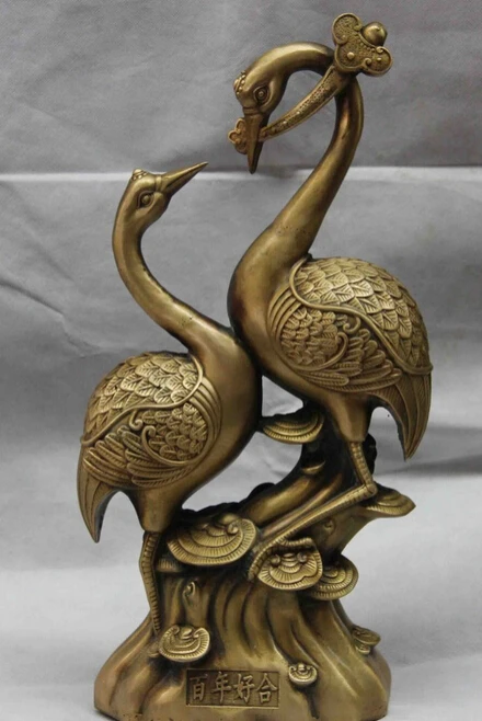 

004564 China Palace Copper Bronze Fengshui Lucky Red-crowned crane Ruyi Statue Pair
