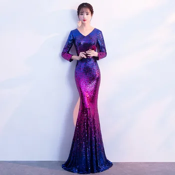 

2019 Women Sequins Dress Long Sleeve Elegant Dignified Mermaid Party Dress Sexy Slim Elegant Floor-Length Dress XS-XXL