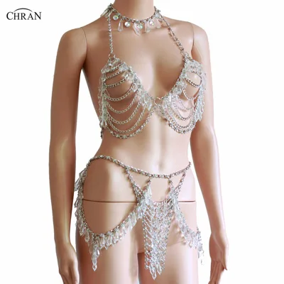 Crystal Beading Disco Exotic Tanks Crop Top Chain Sexy Mini Skirt Bodysuits Rave Bra Festival Fashion Wear Party Jewelry CRS621 bodysuit top